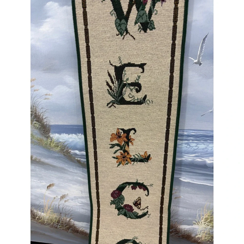 Vintage Woven Tapestry Welcome Wall Hanging Floral Hummingbird Vertical Scroll